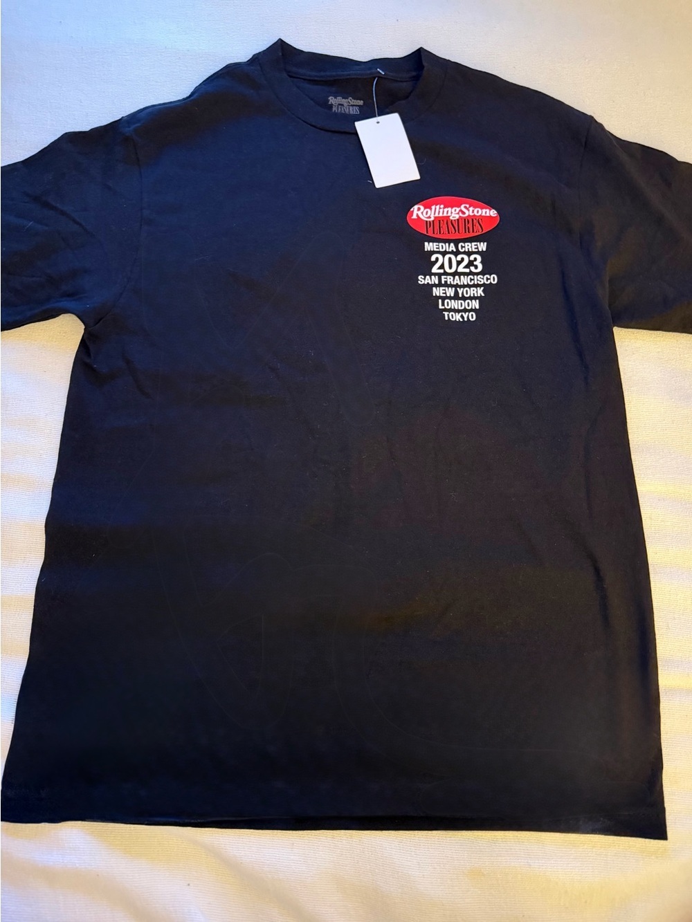 PLEASURES x Rolling Stone Media Crew 2023 Graphic T-Shirt Black Men’s M NWT - Picture 8 of 9